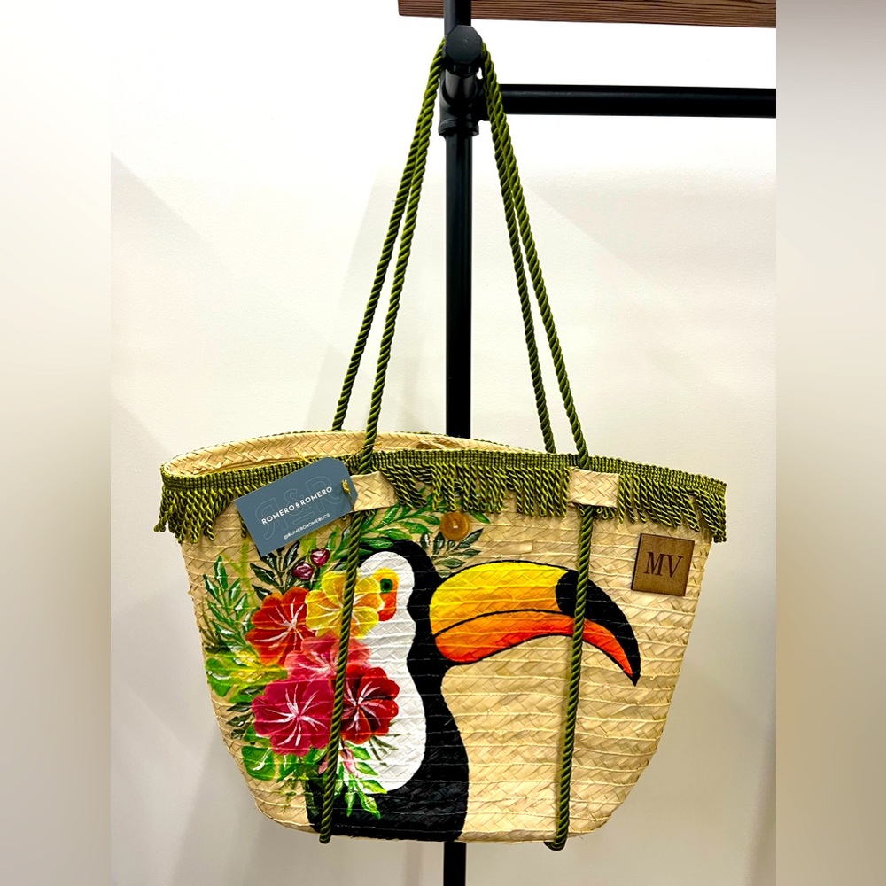 Handmade Olive Green Tropical Tucán Straw Tote